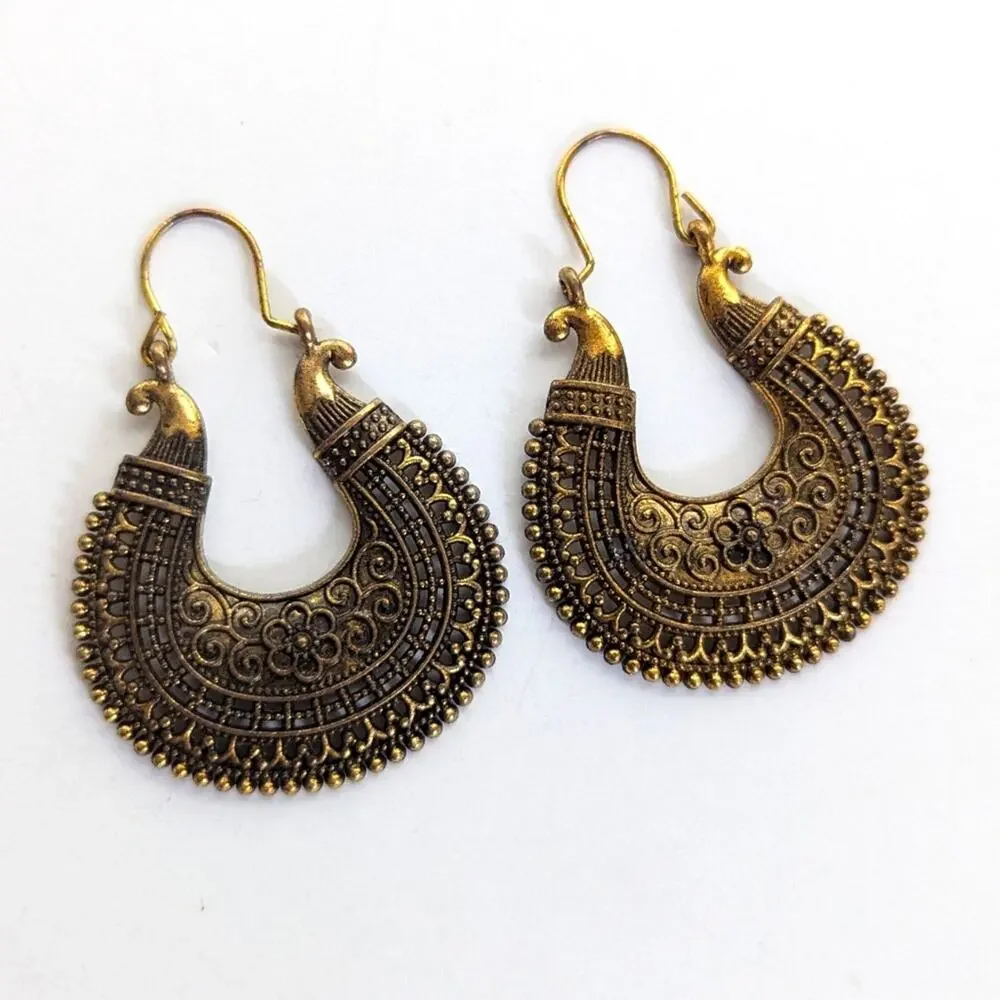 Vintage Antiqued Gold Tone Brass Tibetan Style Ornate Ethnic  Dangle Earrings